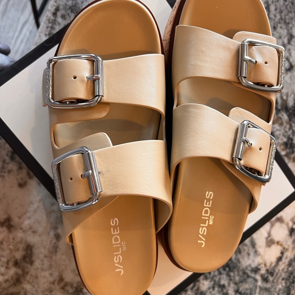 J Slides Beige Buckle Sandals